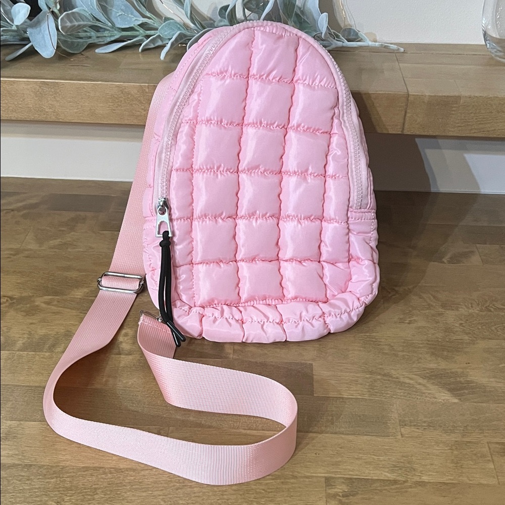Katydid Pink Quilted Crossbody Sling Bag Interior Zipped Pocket Carabiner Attach